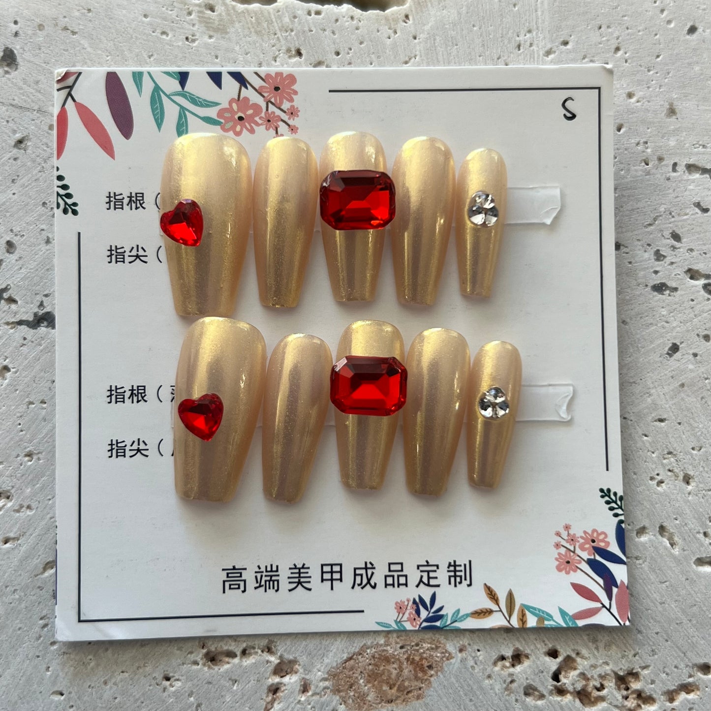 Gold with Red Gems Handmade Nails