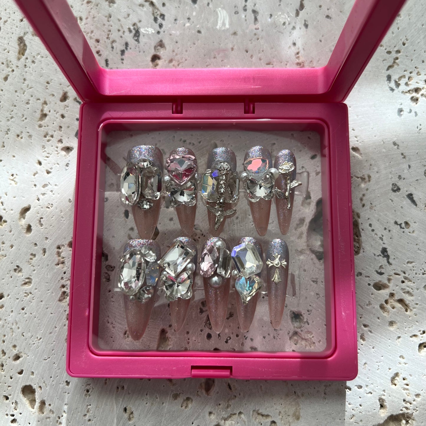 Pink Chrome Diamond Handmade Nails