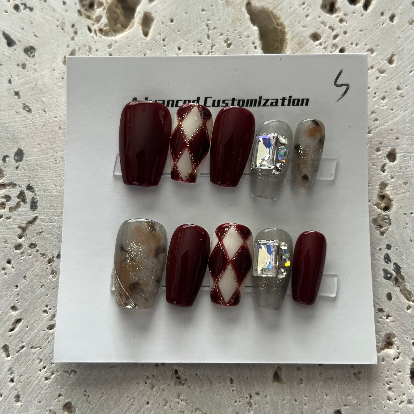 Burgundy Silver Handmade Nails