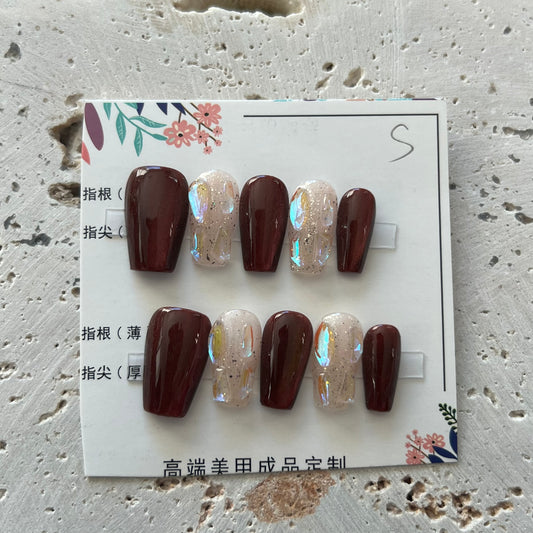 Burgundy Beige Sparkle Handmade Nails