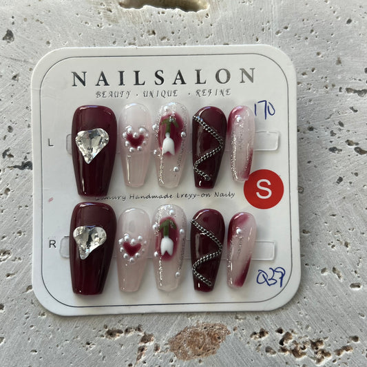 Burgundy Heart Handmade Nails