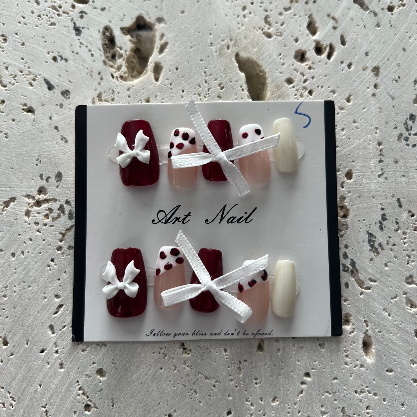 Burgundy White Bow Handmade Nails