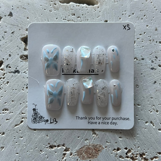 White with Blue Butterfly Handmade Nails