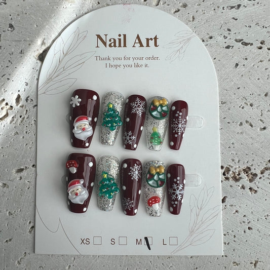 Burgundy Christmas Handmade Nails