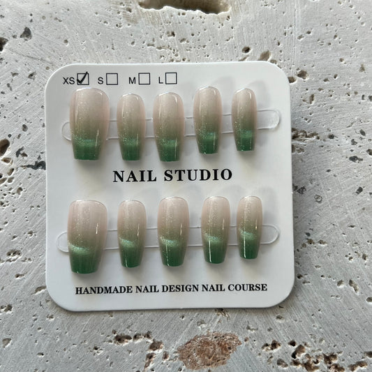 Green Cateye French Handmade Nails