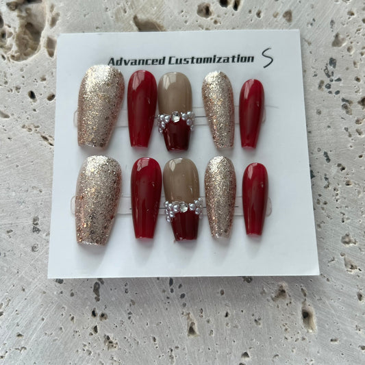 Red Gold Shimmer Handmade Nails